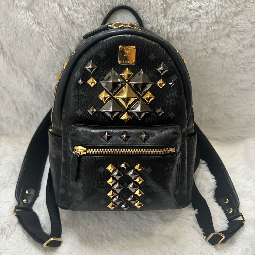 Auth MCM Stark Visetos Studded Backpack Black w/ gold & silver metal studs